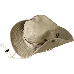 Unisex Light Khaki 100% Polyester Wide Brim Boonie Chin Strap Classic Bucket Hat